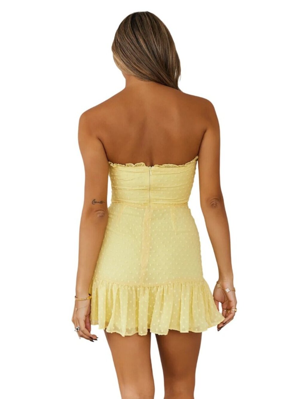 Hello Molly Face On Magazines Strapless Yellow Mini Dress Ruffle Hem Ruching - Picture 2 of 13